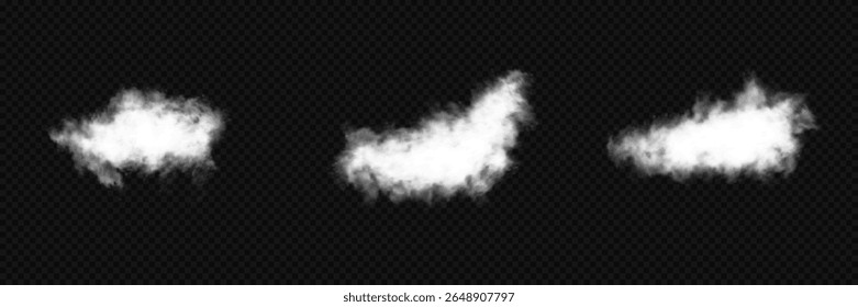 Set of vector clouds, fog or smoke on an isolated transparent background. Vector illustration. Cloud, smoke, fog png. White realistic 3D vector isolated cloud on the transparent background.Vector set.