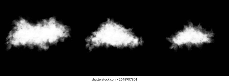 Set of vector clouds, fog or smoke on an isolated transparent background. Vector illustration. Cloud, smoke, fog png. White realistic 3D vector isolated cloud on the transparent background.Vector set.