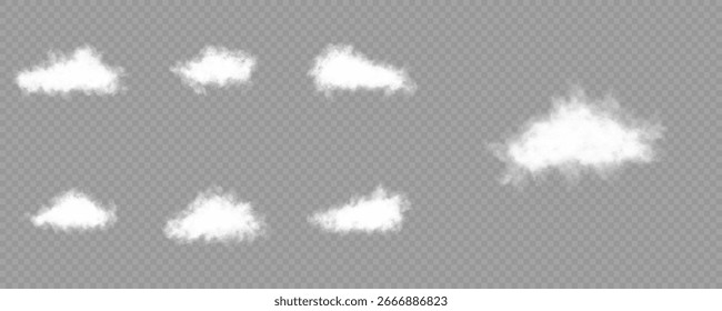 Conjunto de nuvens vetoriais, nevoeiro ou fumaça sobre um fundo transparente isolado. Símbolo de nuvem, céu natural ou fumaça alimentar. Vapor branco realístico isolado ou nuvem em fundo transparente.Vetor 3D estilo definido.