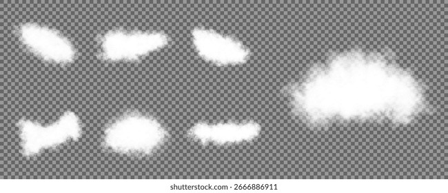 Set of vector clouds, fog or smoke on an isolated transparent background. Cloud, nature sky or food smoke symbol. White realistic isolated steam or cloud on transparent background.Vector 3D style set.