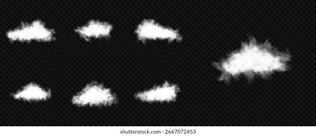Set of vector clouds, fog or smoke on an isolated transparent background. Cloud, nature sky or food smoke symbol. White realistic isolated steam or cloud on transparent background.Vector 3D style set.