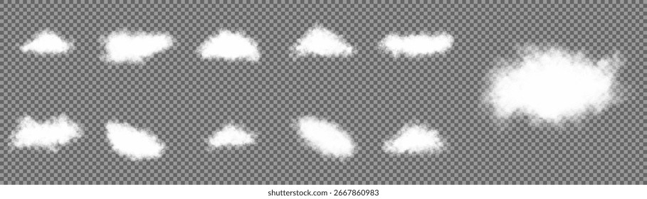 Conjunto de nubes de Vector, niebla o humo sobre un fondo transparente aislado. Nube, cielo de la naturaleza o símbolo de humo de comida. Vapor aislado realista blanco o nube sobre fondo transparente. Conjunto de estilo 3D de Vector.