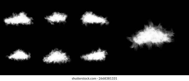 Conjunto de nubes de Vector, niebla o humo sobre un fondo transparente aislado. Nube, cielo de la naturaleza o símbolo de humo de comida. Vapor aislado realista blanco o nube sobre fondo transparente. Conjunto de estilo 3D de Vector.