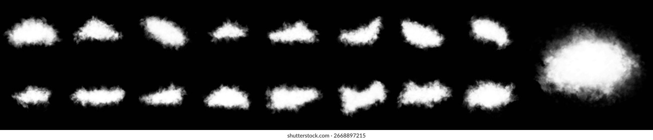 Set of vector clouds, fog or smoke on an isolated transparent background. Cloud, nature sky or food smoke symbol. White realistic isolated steam or cloud on transparent background.Vector 3D style set.