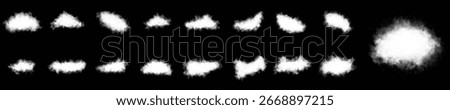 Set of vector clouds, fog or smoke on an isolated transparent background. Cloud, nature sky or food smoke symbol. White realistic isolated steam or cloud on transparent background.Vector 3D style set.