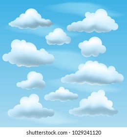 Set of Vector Clouds on blu sky background. Collection of cartoon clouds