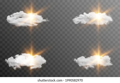 Set of vector clouds with the sun. Dawn, sunrise, light, sun rays. Cloud, smoke. PNG.