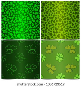Set of vector Clover seamless pattern in green colors. Pattern with shamrock.  Irish traditional Clover endless repeat backdrop, texture, wallpaper. Luck symbol backdrop. Nature spring background.