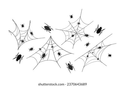 Set vector cobweb and spiders. Linear doodle style. Set of cobwebs of different species and black spiders. For postcards, textiles, decor.