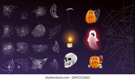 A set of vector cobwebs, skulls, candles, ghosts, pumpkins Scary, creepy icons Vector background design elements for Halloween