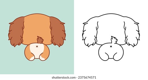 Set Vector Cocker Spaniel Dog Multicolored and Black and White. Kawaii Clip Art Puppy. Cute Vector Illustration of a Kawaii Animal for Stickers, Baby Shower, Coloring Pages. 