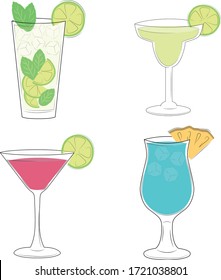 Set of vector cocktails. Cocktail margarita, mojito, blue lagoon, cosmopolitan 