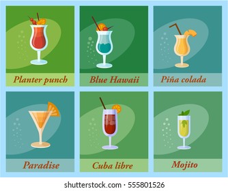 Set of vector cocktails. Flat style summer cocktails. Drink alcohol infographic icons on dark background.