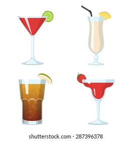 Set of Vector Cocktails in Glasses: Cosmopolitan, Pina Colada, Long Island Ice Tea, Margarita.
