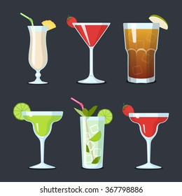 Set of vector cocktails in glasses on a dark background