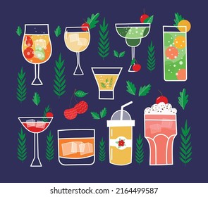 Set of vector cocktails. Hand-drawn summer cocktails