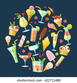 Set of vector cocktails and ice cream icons . Flat style summer food and drink icons. Round shape. 