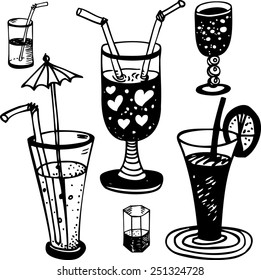 Set of vector cocktails on white background. Hand drawn black and white sketch.