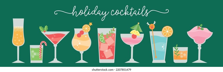 Set of vector cocktails with text Holiday Cocktails for Christmas, New Year, drinks, cocktail party, celebration, invitation, background, backdrop, banner