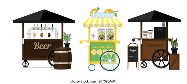 Set of vector coffee, beer and lemonade carts. Vector flat illustration of a street fast food. Point drinks of sale cappuccino, latte, lemonade, beer. Wooden counter with coffee to take away. Street