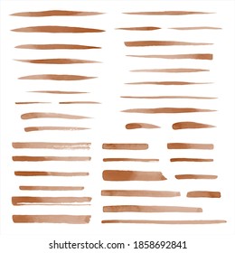 Set von Vektorkaffee braunen Aquarellstriche, ungleichmäßige Linien, Streifen, unterstreicht, doodle Streifen, Schmieren. Handgezeichnete Design-Elemente-Sammlung, Texthintergründe. Kaffeehaus, Café-Vorlagen.