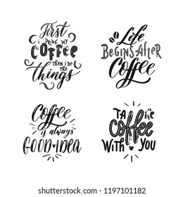 Set of vector coffee cards, poster  lettering inscription. Mugs, beans and coffee equipment icons.
