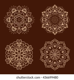 Set from Vector Coffee Color Flower Mandala over dark brown. Elements for your designs, invitation card, yoga, meditation, astrology and other projects