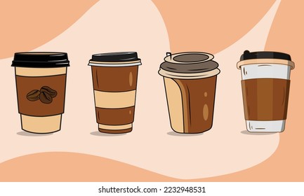 Set von Vektorkaffeemassen. Einweggedecktes Papier, realistische Vektorgrafik, einzelne weiße Tassen Kaffee mit Hintergrund. Latte, Cappuccino, americano, Espresso, Mocha, Kakao.