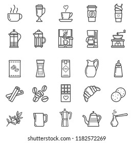Set of vector coffee elements and coffee accessories. Coffee outline icon set.