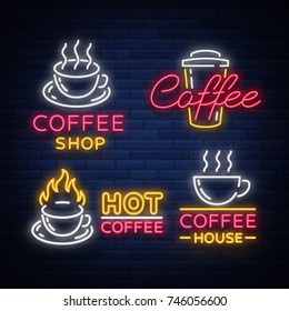 Set of vector coffee elements and accessories for coffee. Coffee logos, emblems in neon style, noy advertising coffee. Bright luminous signboard, night advertisement