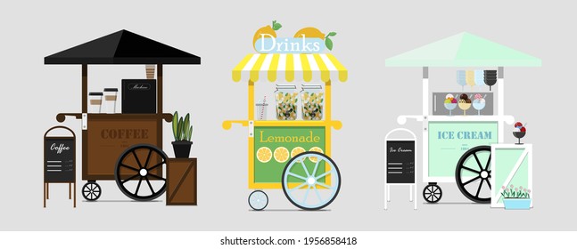 Conjunto de cafés vectoriales, helados y carritos de limonada. Imagen plana vectorial de una comida rápida callejera. Punto de venta de helados, capuchino, latte, limonada, gelato y batidos. Postres fríos para