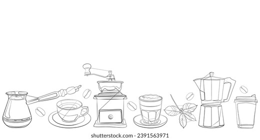 Un conjunto de iconos de café vectorial. Colección de iconos de café en un estilo lineal. Granos de café, bebidas, taza, café, embalaje, filtro, máquina, certificado.