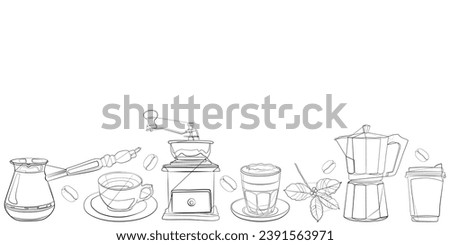 A set of vector coffee icons. A collection of coffee icons in a linear style. Coffee beans, drinks, cup, coffee pot, packaging, filter, machine, certified.