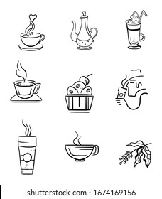 Set of vector coffee icons isolated on white background. Hand drawing coffee illustration elements for your buisness.  Food and drink concept. Stock illustration