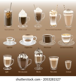 Set of vector coffee illustrations. Iced cold brew, Irish cream, glace, frappe, espresso, cappuccino, americano, caramel macchiato, latte, hot chocolate, mocha, flat white, cortado