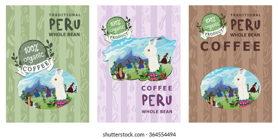Set of vector coffee labels with colorful illustrations in naive style. Coffee production in Peru