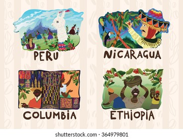 Set Of Vector Coffee Labels With Colorful Illustrations In Naive Ethnic Style. Coffee Production In Peru, Nicaragua, Columbia, Ethiopia