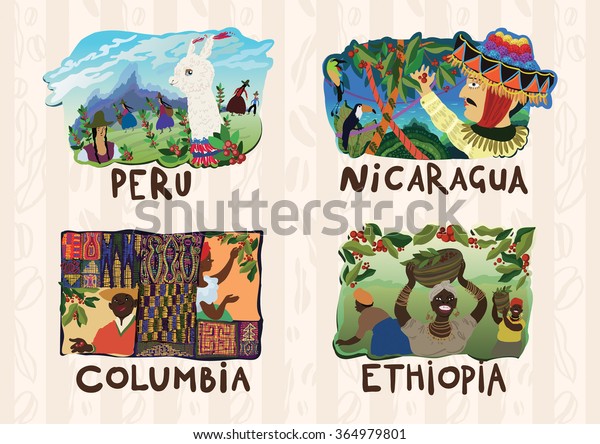 素朴な民族スタイルのカラフルなイラストを持つベクターコーヒーラベルのセット ペルー ニカラグア コロンビア エチオピアでのコーヒー生産 のベクター画像素材 ロイヤリティフリー