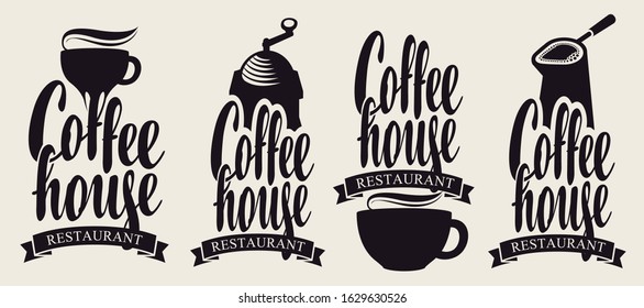 Set of vector coffee logos or design elements for coffee house with cup, coffee grinder and calligraphic inscriptions. Templates for labels, badges, flyers, banners, invitations, brochures, menus