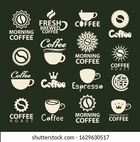 Set of vector coffee logos or icons with coffee cup, coffee beans and inscriptions. Templates for labels, badges, flyers, banners, invitations, brochures, menus, design elements.