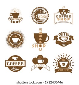 A set of vector coffee logos. Coffee mug icons. Isolated stickers on a white background