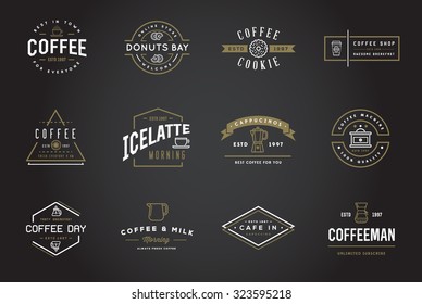 Set of Vector Coffee Logotype Templates and Coffee Accessories Illustration with Incorporated Icons with Fictitious Names