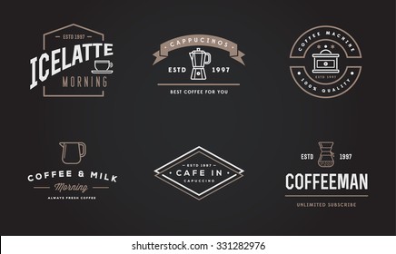 Set of Vector Coffee Logotype Templates and Coffee Accessories Illustration with Incorporated Icons with Fictitious Names