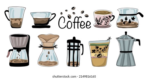 Set of vector coffee and coffee machines Designed in doodle style for t-shirt design, coffee shop, fabric pattern, coffee menu, digital printing, decoration, kitchen, etc.