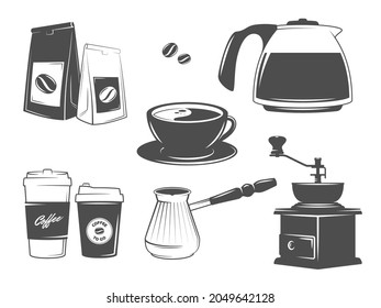 Set of vector coffee packages, turk, coffee grinder, cups, beans and pot. Accessories for brewing. Vintage elements for cafe ore shop