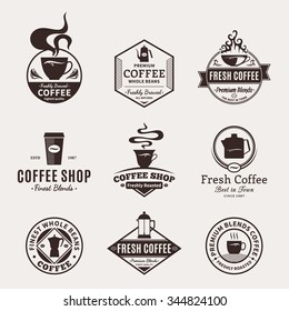 Set of vector coffee shop logo. Mugs, beans and coffee equipment icons