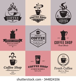 Set of vector coffee shop logo.  Mugs, beans and coffee equipment icons