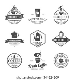 Set of vector coffee shop logo. Mugs, beans and coffee equipment icons