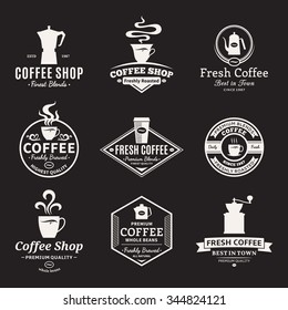 Set of vector coffee shop logo. Mugs, beans and coffee equipment icons