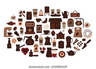 Conjunto de iconos de Vector con temática de café en estilo sólido de dibujos animados. Colección de varios tipos de tazas de café, canalón, botellas de jarabe y crema, golosina y otros atributos de acogedor café o cocina casera